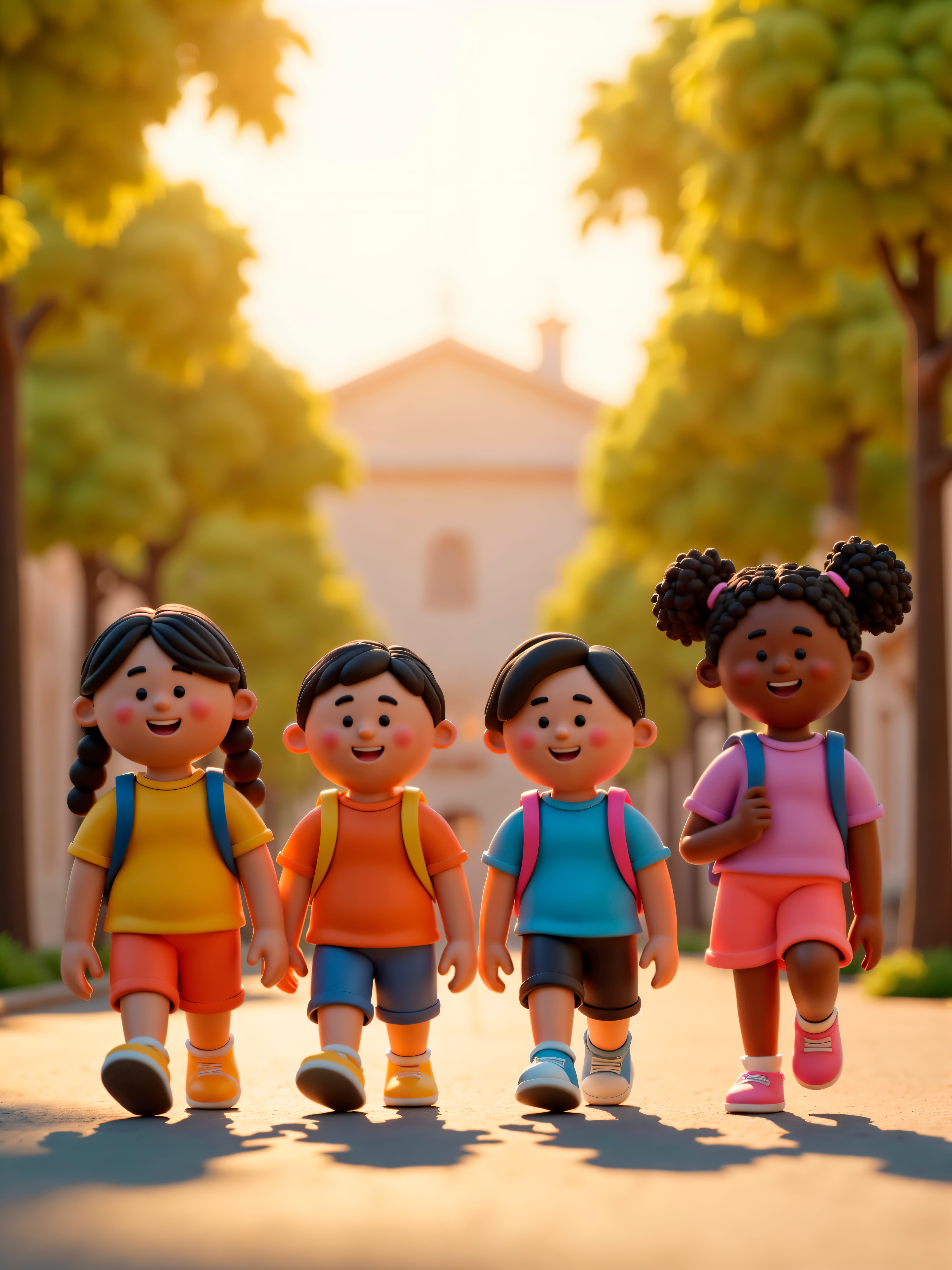 Four cheerful elementary school children walking together