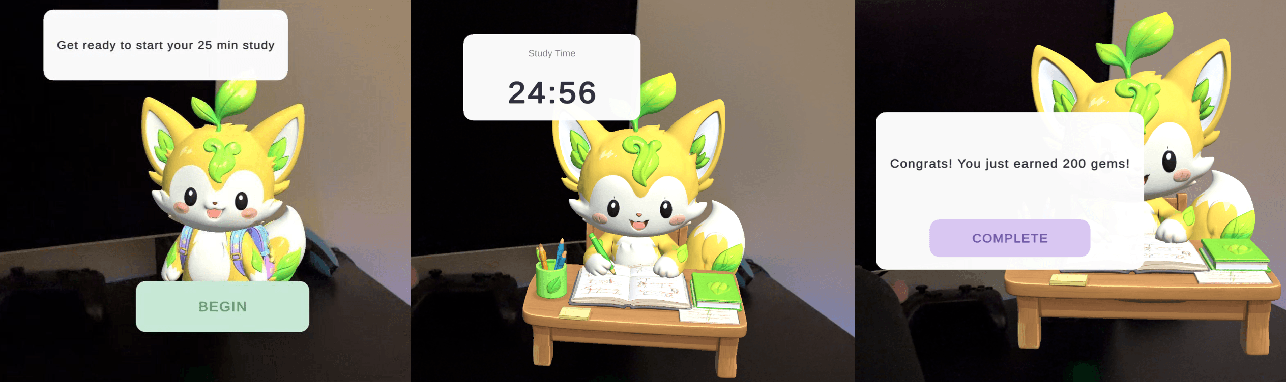 Three stages of a 25-minute Study with AR LumiPal session