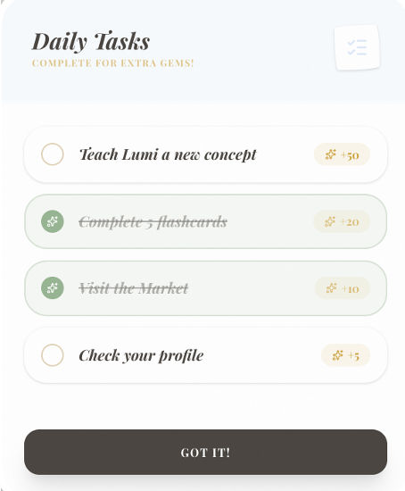 LumiPal daily tasks and gem rewards