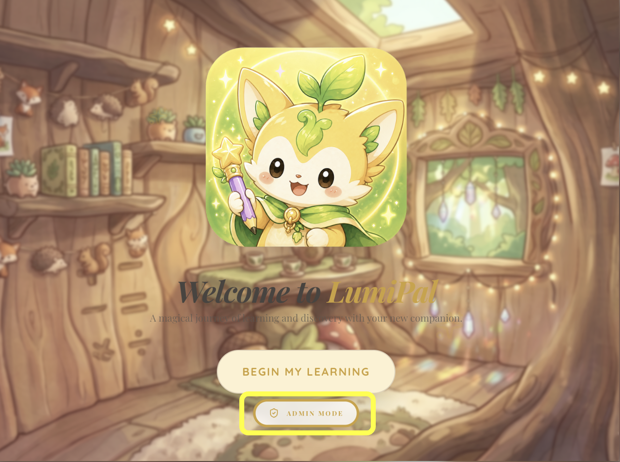 LumiPal home screen with Admin Mode entry