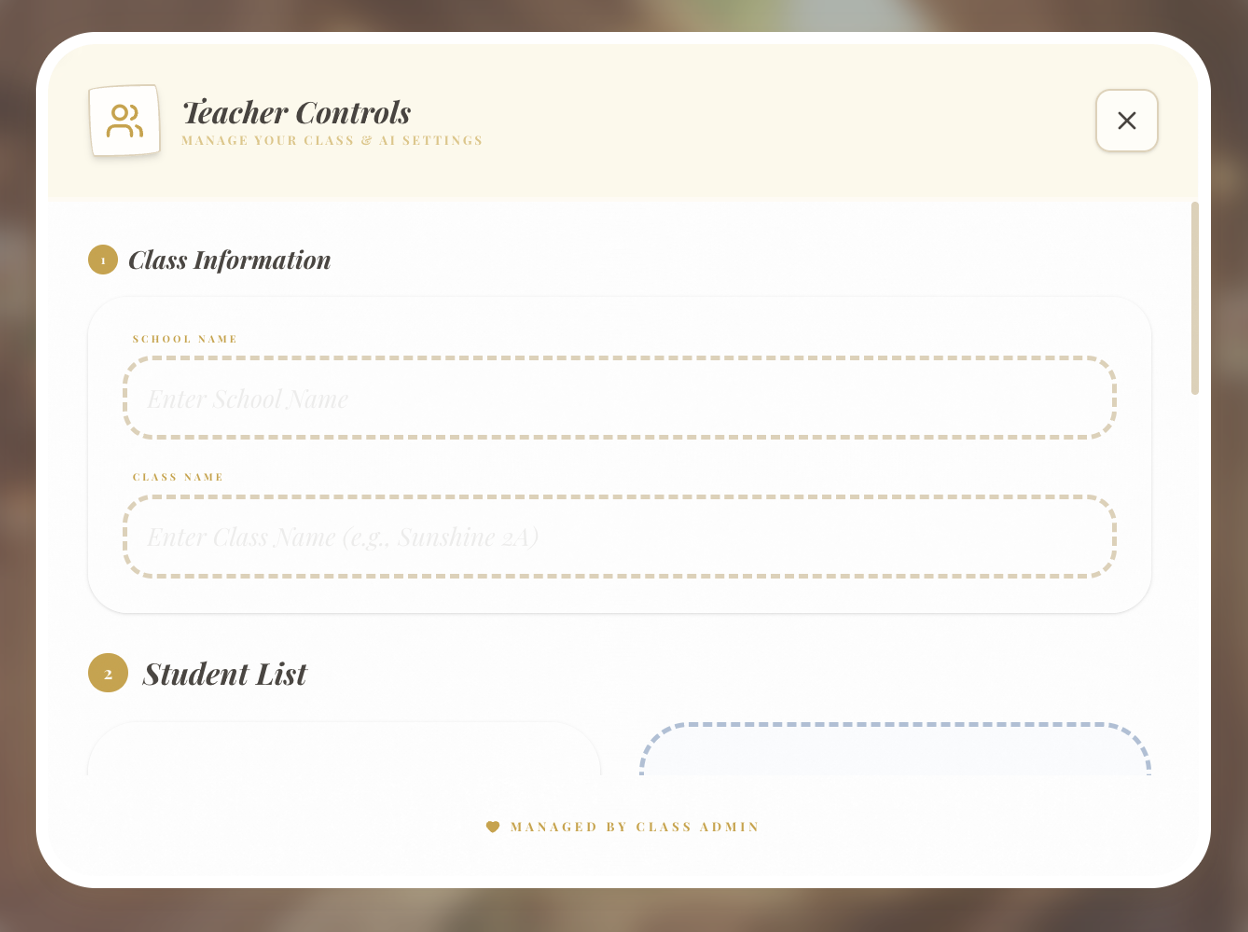 Teacher Controls class-information setup
