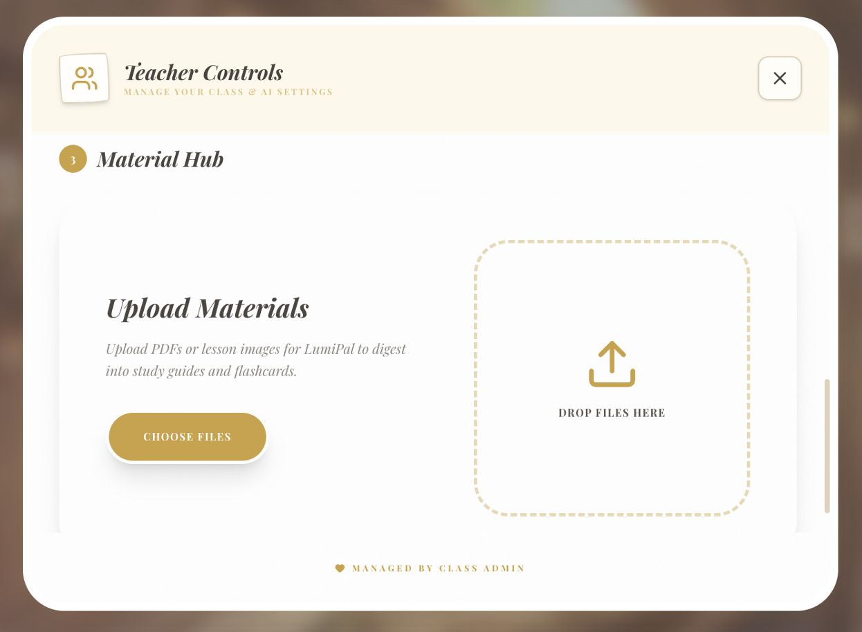 Teacher Controls material-upload hub
