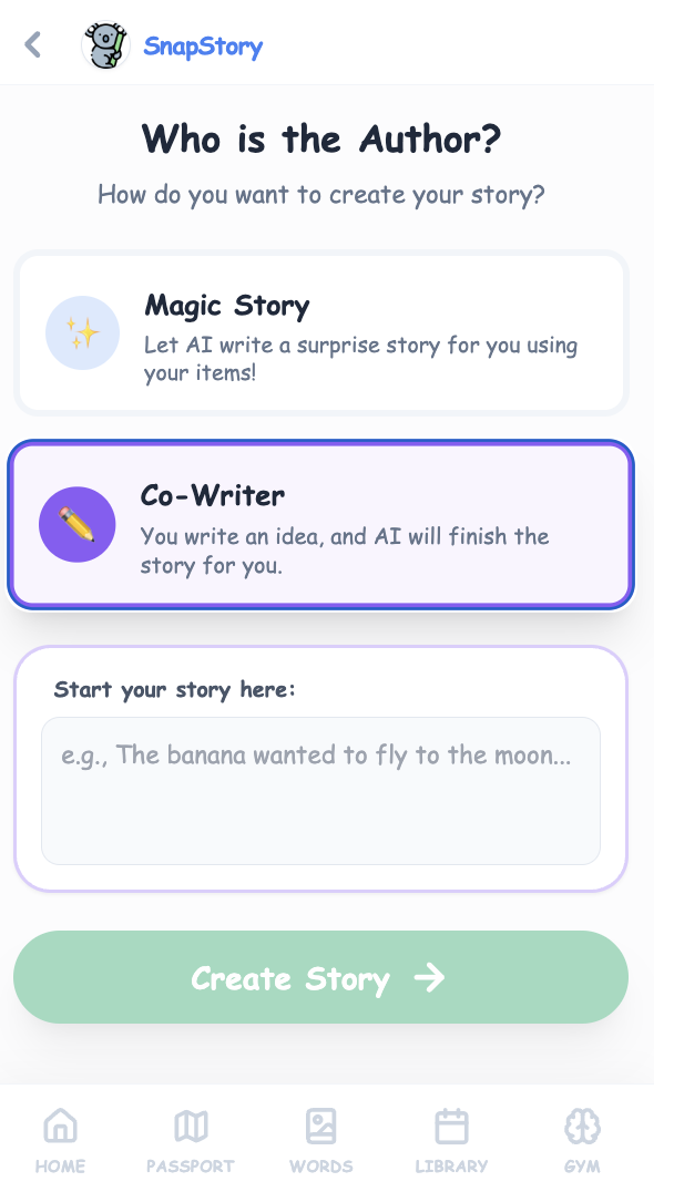 Magic Story and Co-Writer mode selection