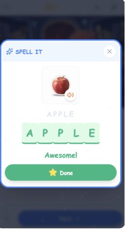 Spell It activity with the completed word apple