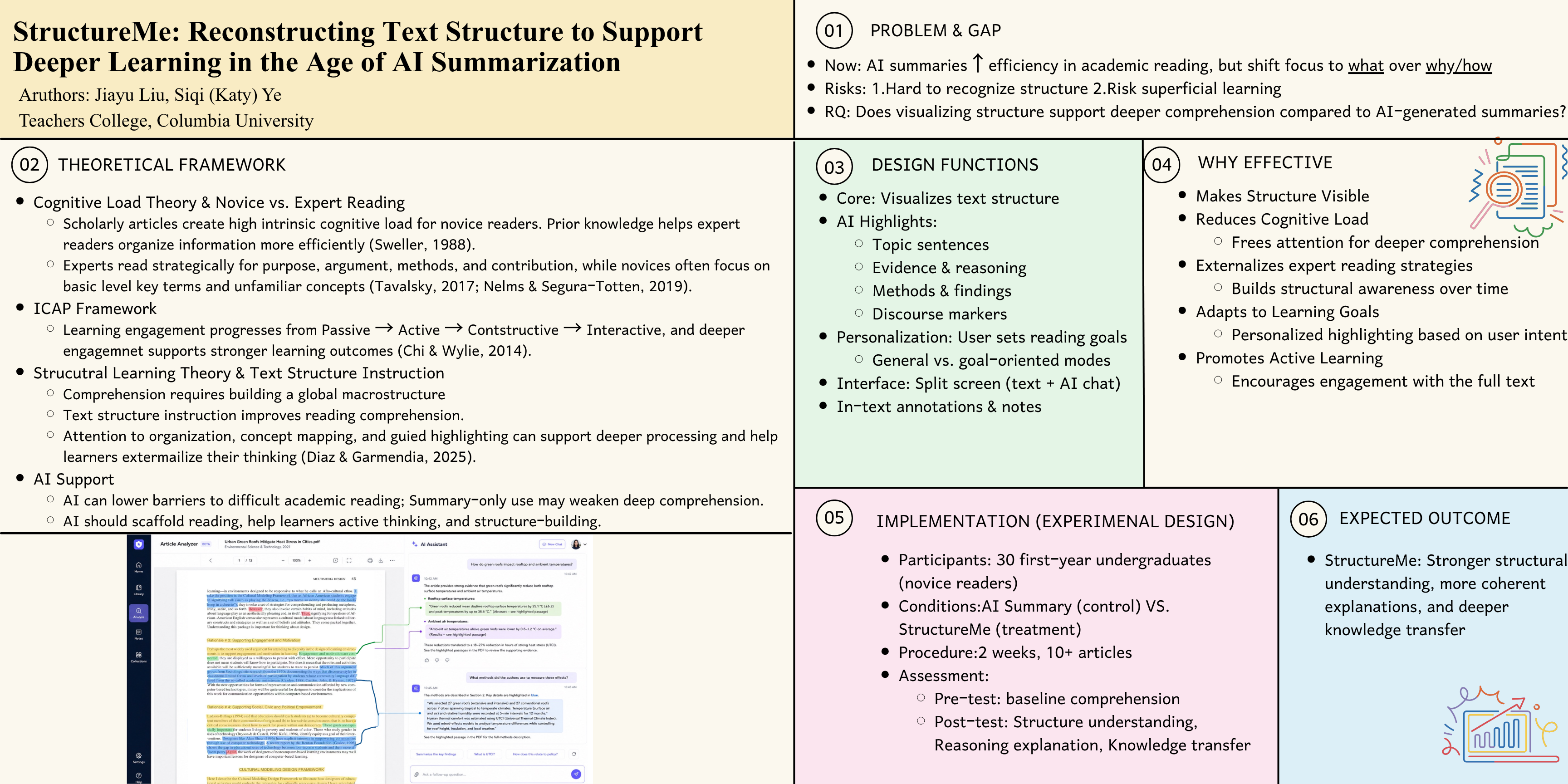 StructureMe research poster summarizing the problem, learning-science framework, design functions, experimental design, and expected outcomes